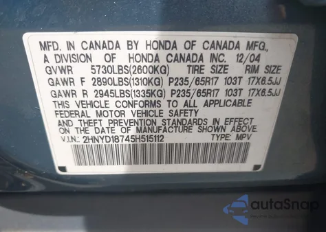 2005 Acura Mdx из США, поврежденный, VIN 2HNYD18745H515112